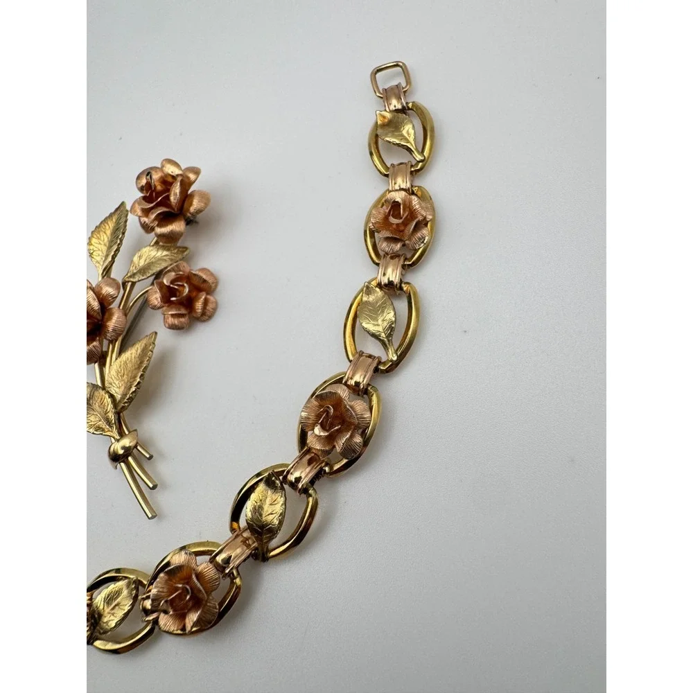 Vintage Krementz Bracelet Brooch Earrings Set Two Tone Rose